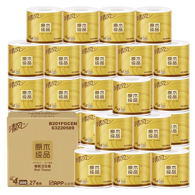 清风 卷纸 原木纯品金装4层200克27卷 卫生纸厕纸 有芯卷筒纸巾