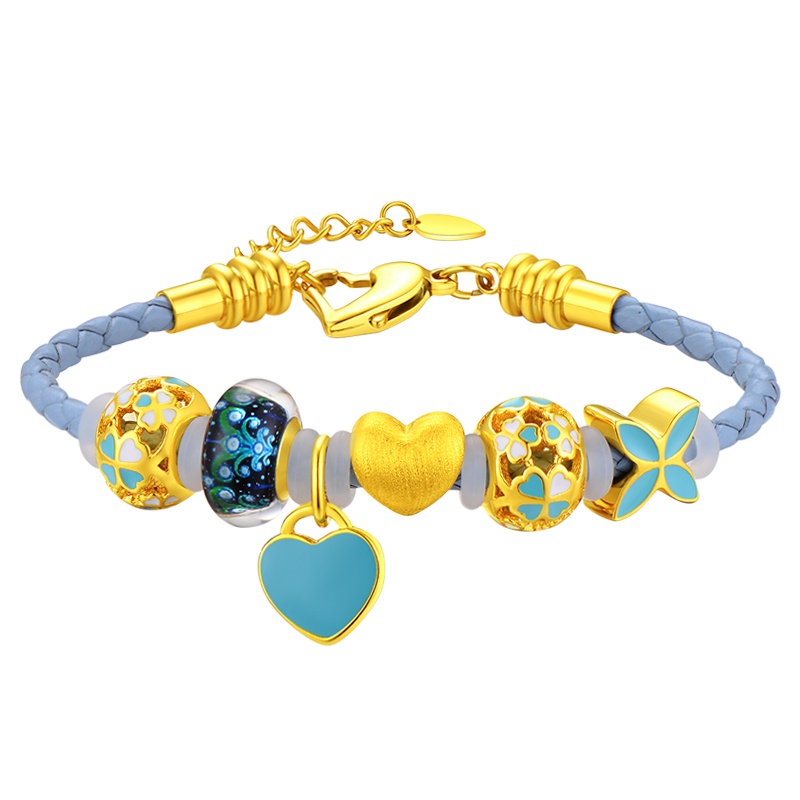 蒂蔻 时尚爱心形黄金手链女款硬金四叶草蓝色手绳情人节表白生日送女生送女朋友