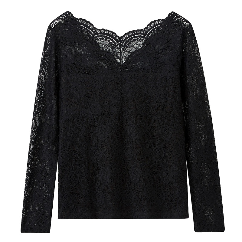拉夏贝尔新款蕾丝女V领修身透视镂空打底衬衫