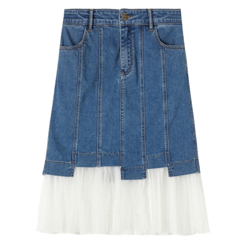 【专柜同款】拉夏贝尔夏季新款女式牛仔半身裙子不规则中长裙拼接网纱包臀半裙女60008413