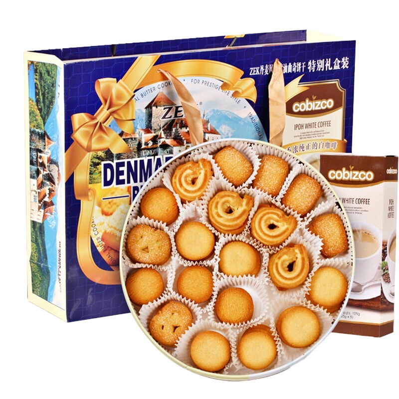 马来西亚原装进口 ZEK丹麦风味黄油曲奇饼干铁罐礼盒908g节日礼品礼包(促销装送125g咖啡)