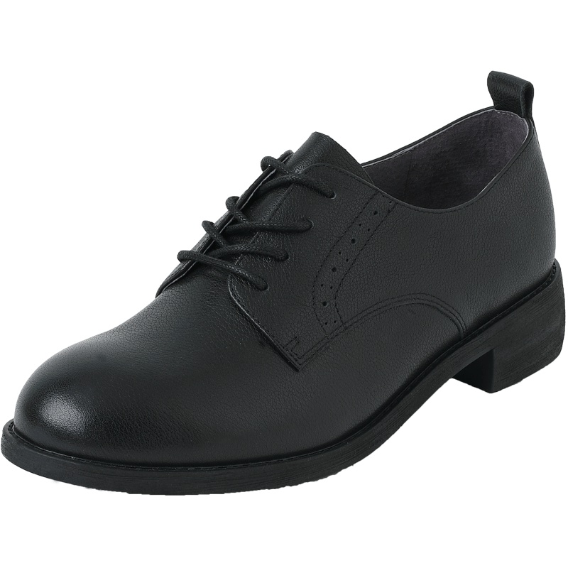 百田森新款小皮鞋女英伦风牛皮革系带粗跟中跟休闲皮鞋女