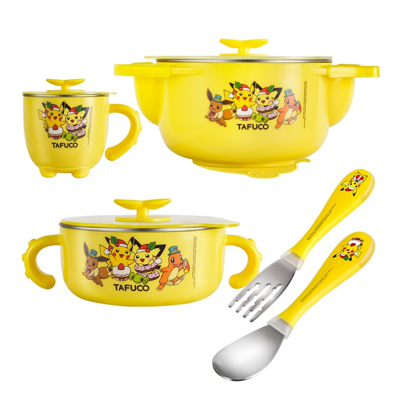 日本泰福高(TAFUCO)宝可梦皮卡丘系列不锈钢注水碗水杯宝宝儿童辅食碗小孩子喝水杯餐具套装