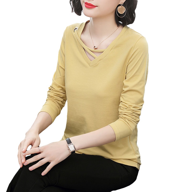 A&K长袖T恤女韩版中年V领上衣体恤打底衫宽松百搭衣服潮