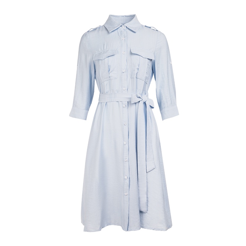 晚白女裙装2019夏季新品简约翻领单排扣收腰中长款衬衫连衣裙