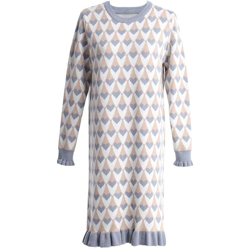 欧昵雪秋冬圆领爱心图案宽松毛衣裙子木耳边直筒针织连衣裙女