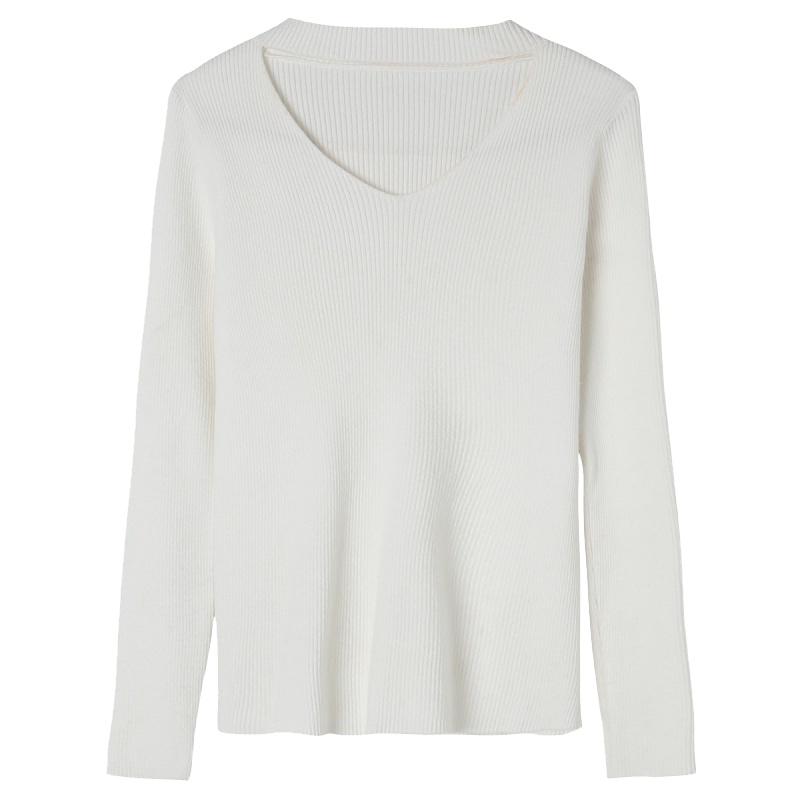 拉贝缇秋女套头长袖镂空V领小清修身内搭打底针织衫60300684