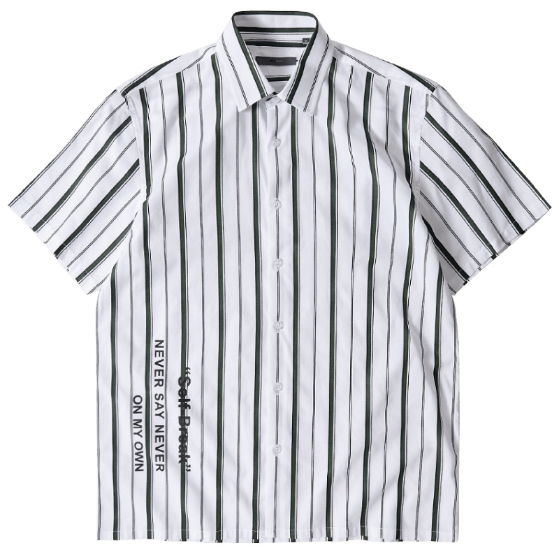黑鲸竖条纹印花短袖衬衫男2019夏季个性短衬男CNECJ29007A