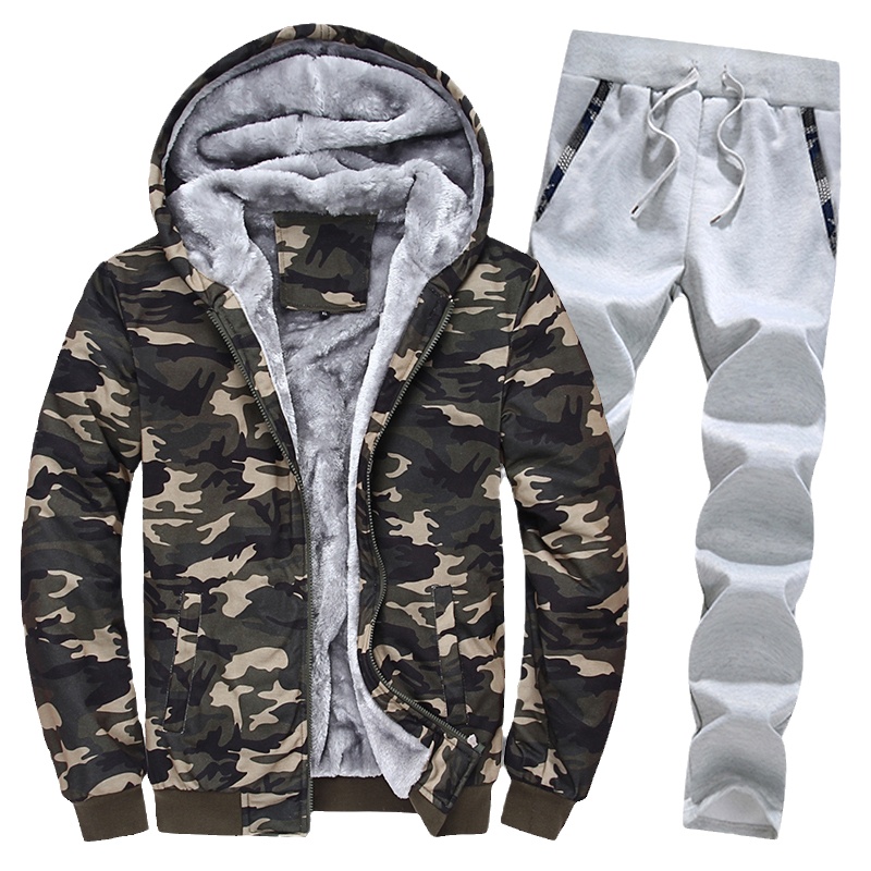 2021秋冬装新款加绒男运动服卫衣套装修身加厚保暖迷彩服