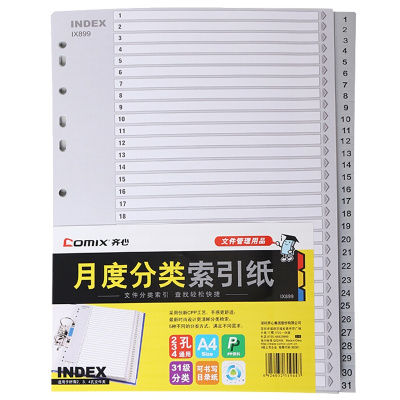 齐心(Comix)IX899月度分类索引纸31张/包 2包 A4 11孔易分类标签 料数字分页纸 办公用品 文件索引分页