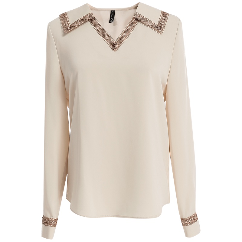 欧昵雪花边拼接半开领套头衬衫女上衣长袖气质衬衣