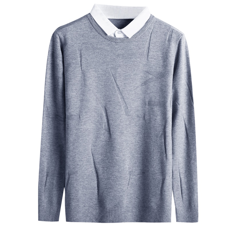 北极绒男士针织衫圆领内搭假两件套头打底衫纯色毛衣