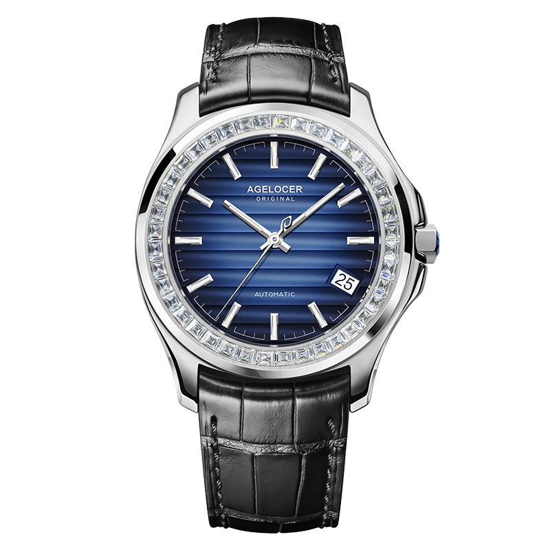 艾戈勒（agelocer）镶钻防水手表男 全景背透 大开窗日历夜光全自动机械表 品牌男表 BAIKAL A6301E