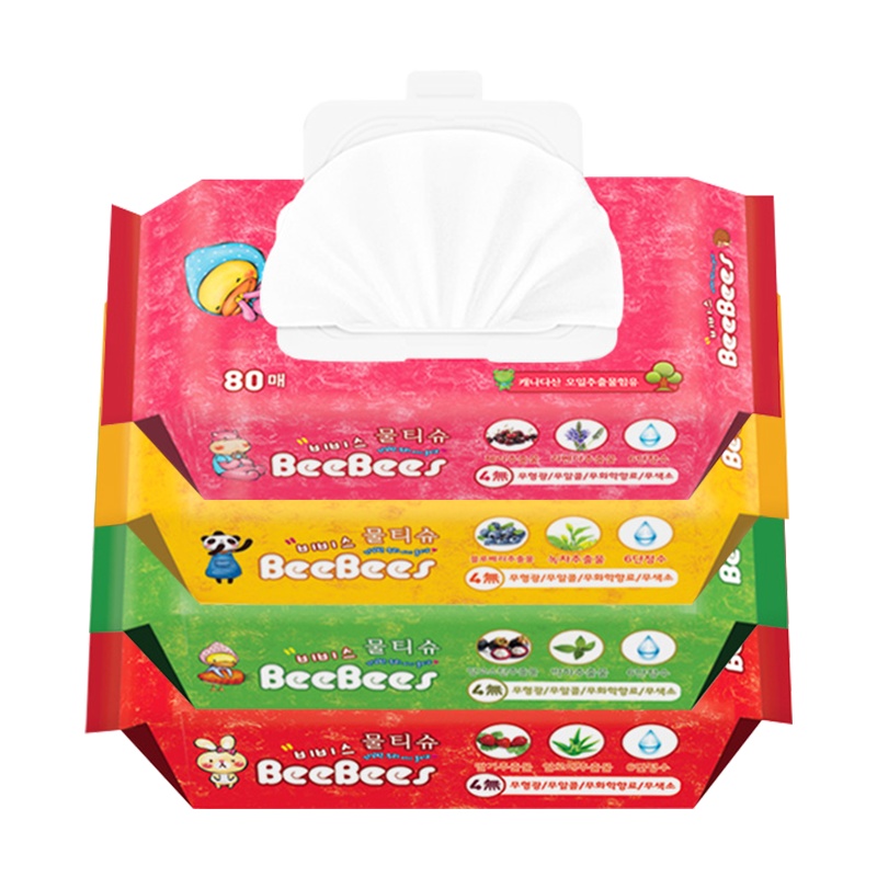 韩国金贝柔BeeBees 婴儿湿巾宝宝手口湿纸巾草莓芦荟蓝莓绿茶樱桃薰衣草山竹薄荷80混合4包湿巾20片