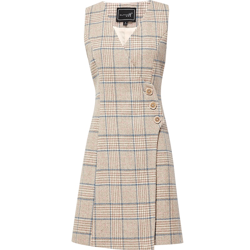 欧昵雪秋冬季v领格子收腰无袖毛呢连衣裙女不规则背心裙