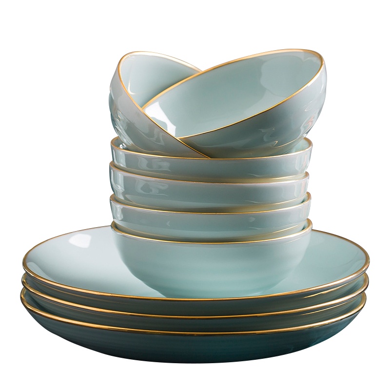 是尚 描金青釉陶瓷碗盘碟套装