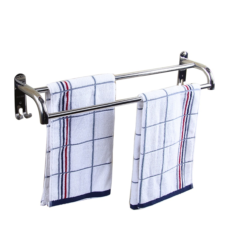 304不锈钢毛巾架双杆浴巾架免打孔浴室置物架高低杆加粗挂钩浴室毛巾挂架毛巾杆卫生间挂件