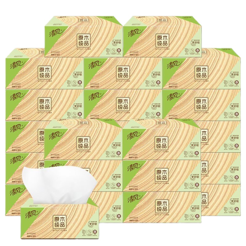 清风 原木纯品盒装面巾纸 B338C2 200抽 (3盒/提 )