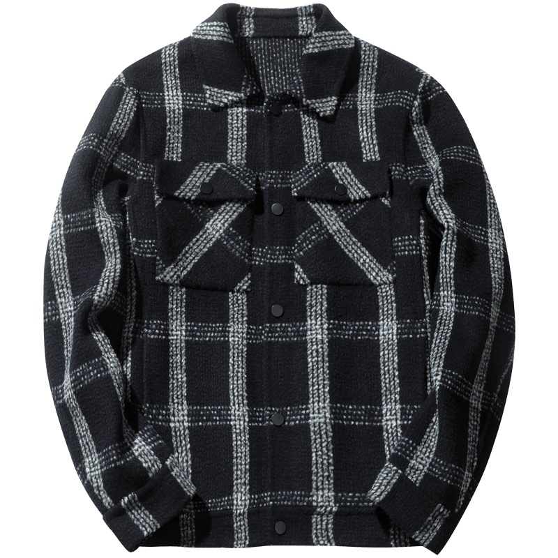 千纸鹤男士休闲格子翻领夹克2019秋冬青年男士时尚羊毛外套30271
