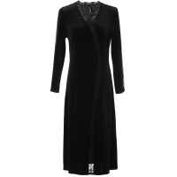 欧昵雪睫毛V领拼接镂空蕾丝九分袖收腰丝绒连衣裙女