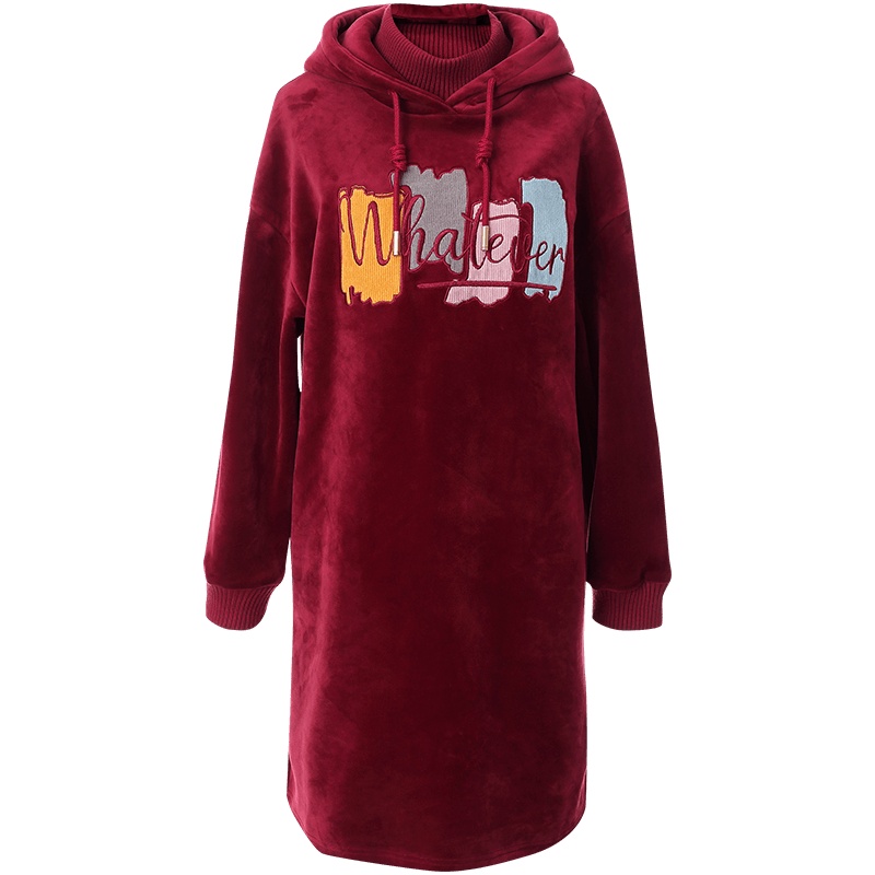 OUNIXUE欧昵雪 | [潮流休闲卫衣裙]冬季连帽半高领抽绳银狐绒直筒连衣裙女