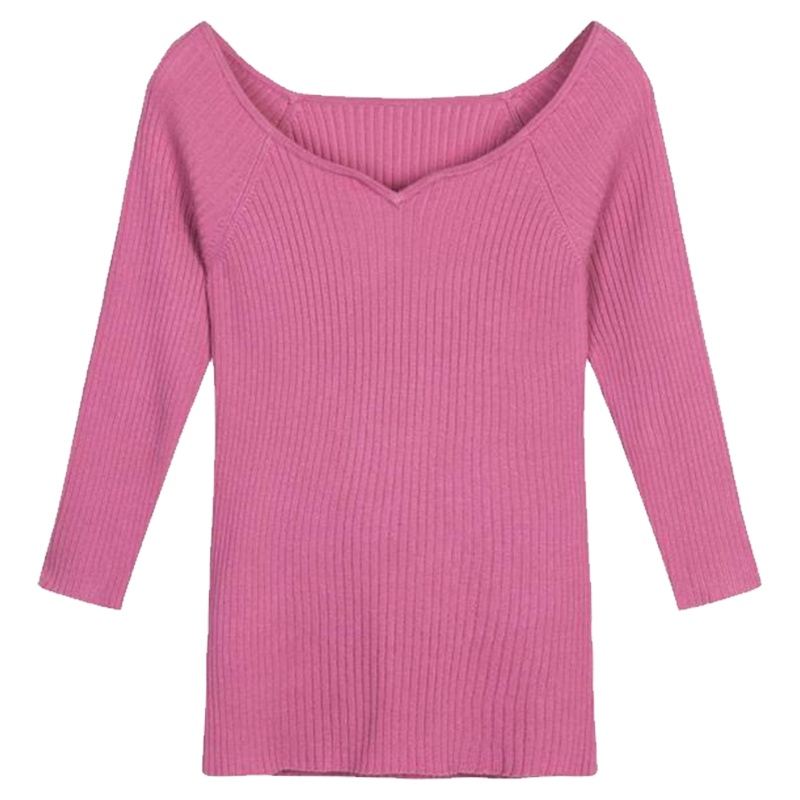 【热卖】拉夏贝尔毛针织衫女v领打底衫新款漏锁骨一字领修身10015624