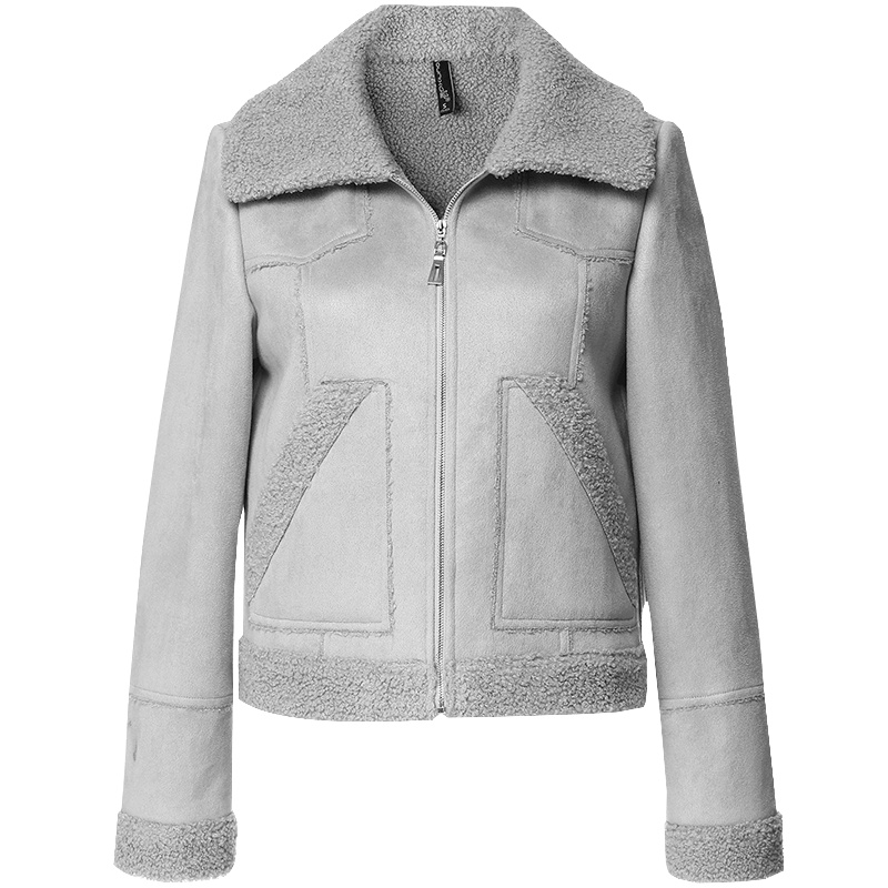 欧昵雪秋冬季翻领羊羔毛小个子外套女宽松麂皮绒显瘦夹克