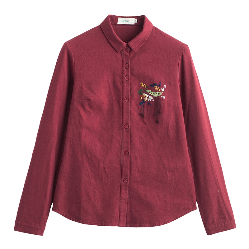 茵曼秋装新款文艺撞色绣花百搭长袖衬衫衬衣女1871011239