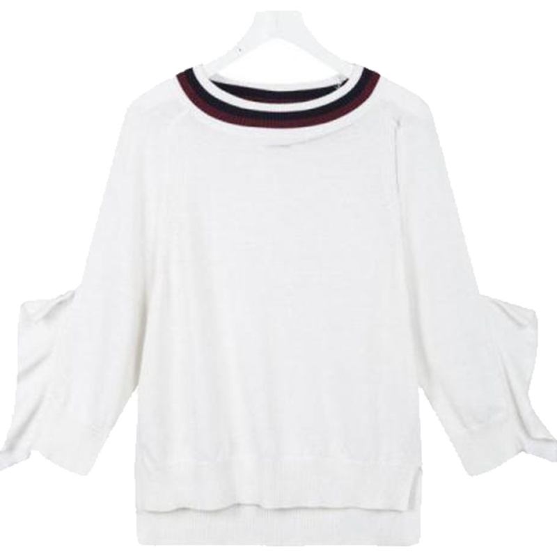 拉夏贝尔7M秋季韩版宽松荷叶边开叉条纹撞色毛织套头针织衫70009897