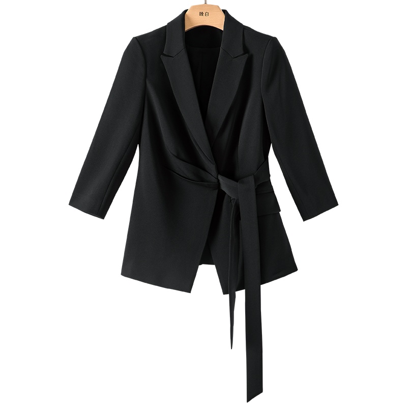 晚白2021春季新品时尚纯色修身显瘦收腰系带百搭通勤西装外套女