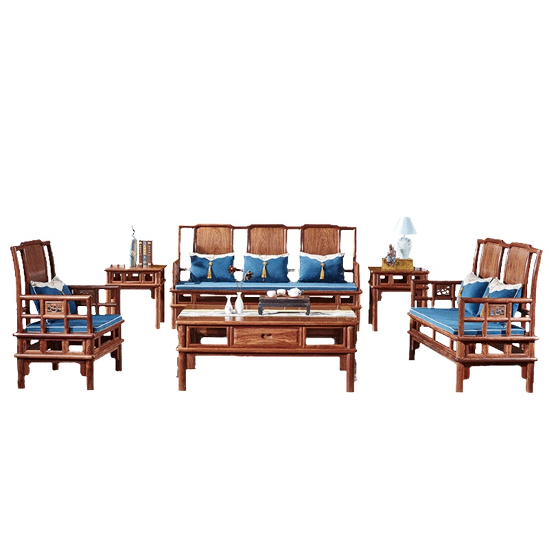 周家庄 红木家具非洲花梨(学名:刺猬紫檀)沙发 实木沙发 新中式客厅布艺软体沙发组合