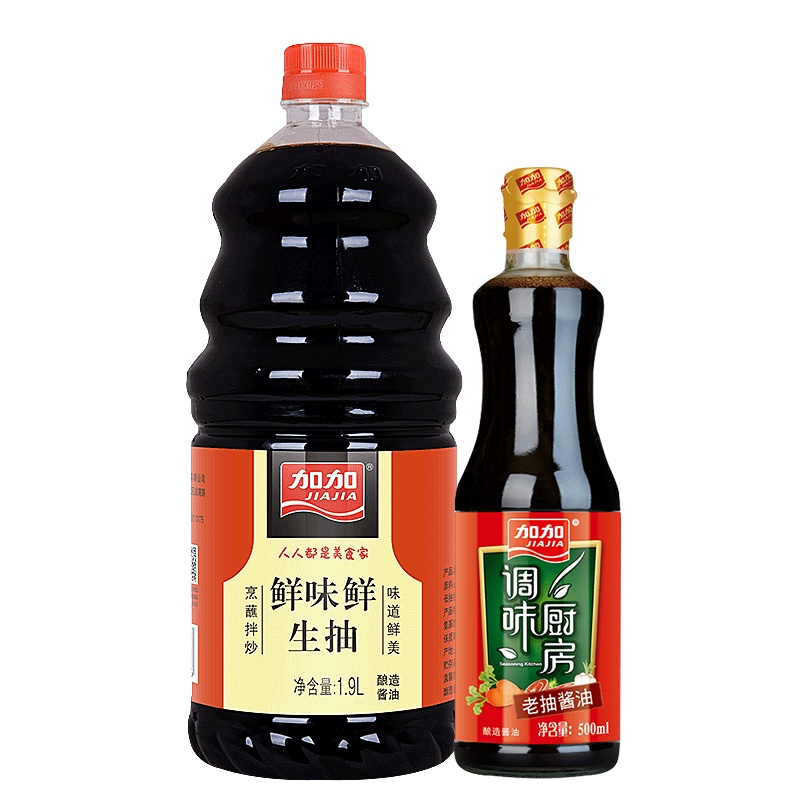 加加套装 鲜味鲜生抽酱油1.9L搭配调味厨房老抽 500ml 非转基因大豆酿造酱油 豉香浓郁 味道鲜美