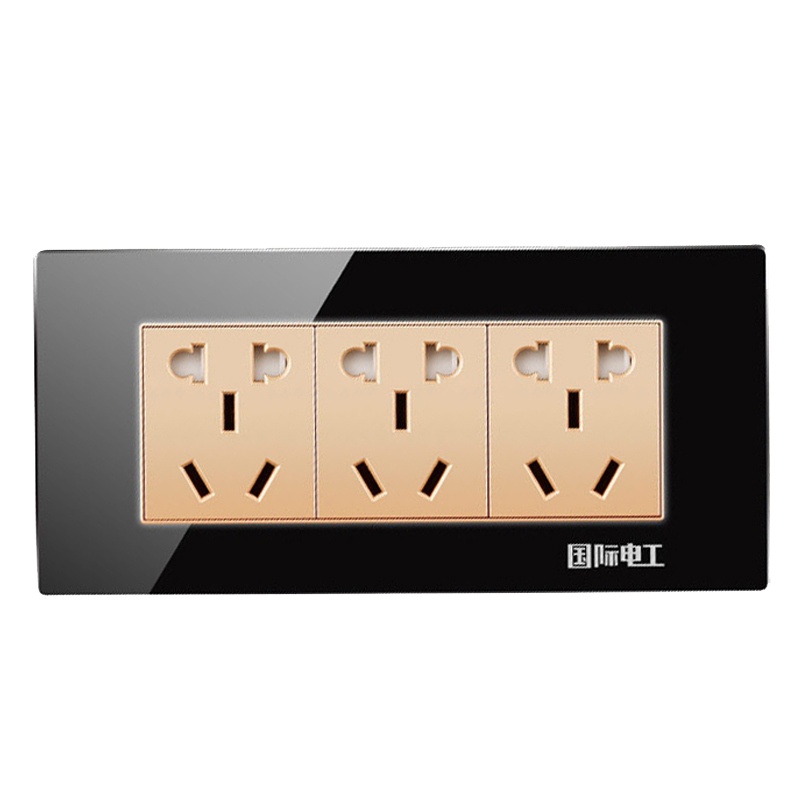 国际电工开关插座118型二位六孔十孔带开关双控多联多控亚克力水晶镜面面板家用长方形暗装黑金色