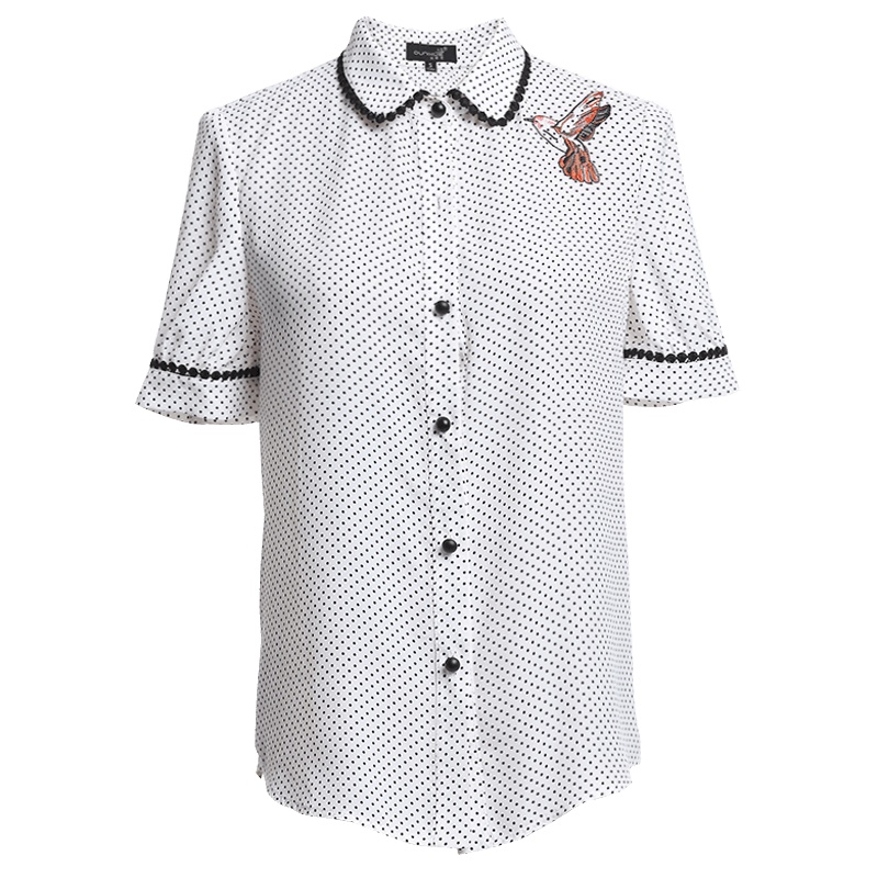 欧昵雪 夏花边娃娃领衬衫女通勤气质绣花短袖圆点衬衣X