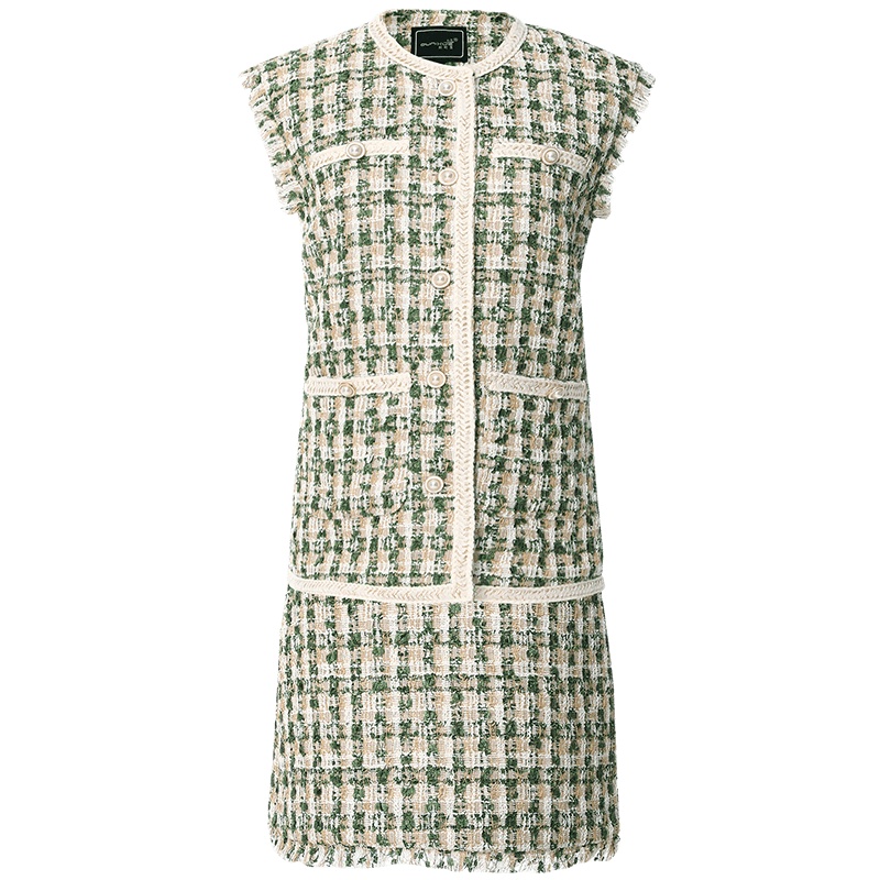 欧昵雪秋冬粗花呢格纹名媛小香风时尚套装女马甲半身裙两件套