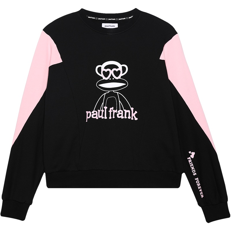 大嘴猴初秋新款卫衣女短款百搭日系拼接色蝙蝠袖 L 黑色