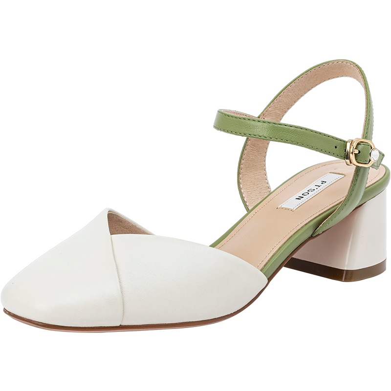 百田森春季新款包头凉鞋女粗跟方跟外穿方头一字带凉鞋女后空