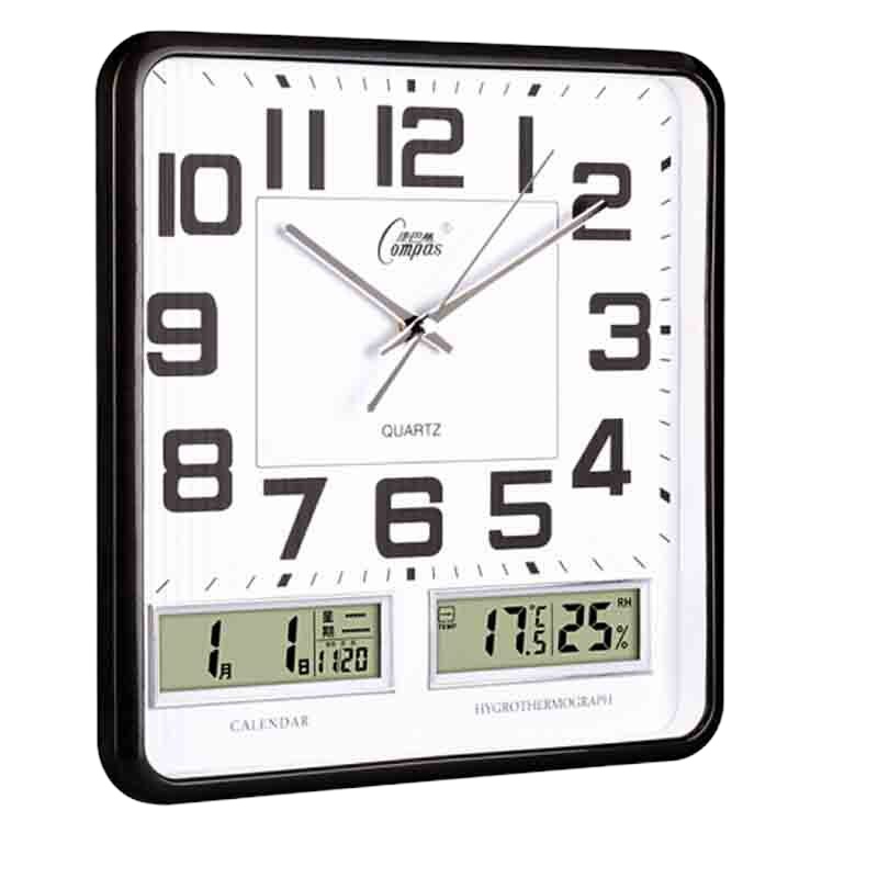康巴丝 挂钟 16英寸万年历 温湿度钟表 创意客厅静音时钟方形 黑白 日历石英钟 C2983 37*35*5CM
