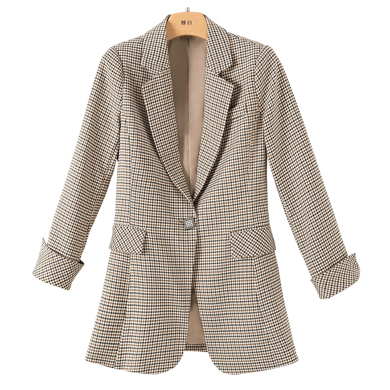 晚白2021春季新品时尚修身显瘦英伦范格子百搭通勤职业西装外套女