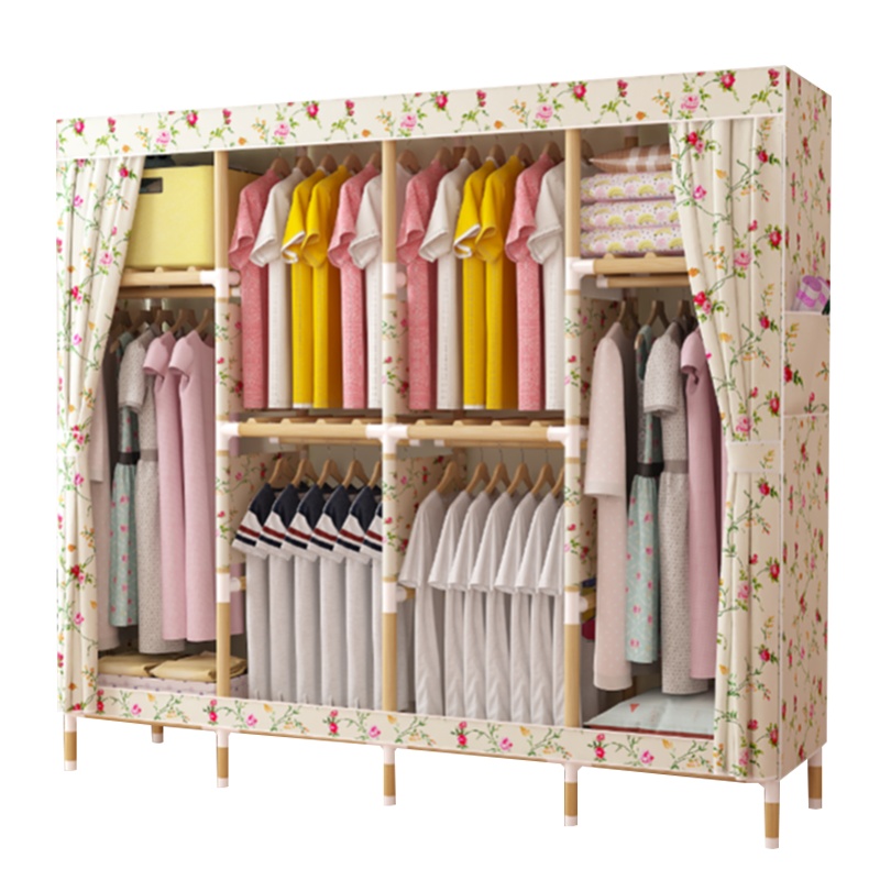 [精品实木加固加粗]蓝色星空双人布衣柜实木大号加固简易衣柜收纳架衣橱