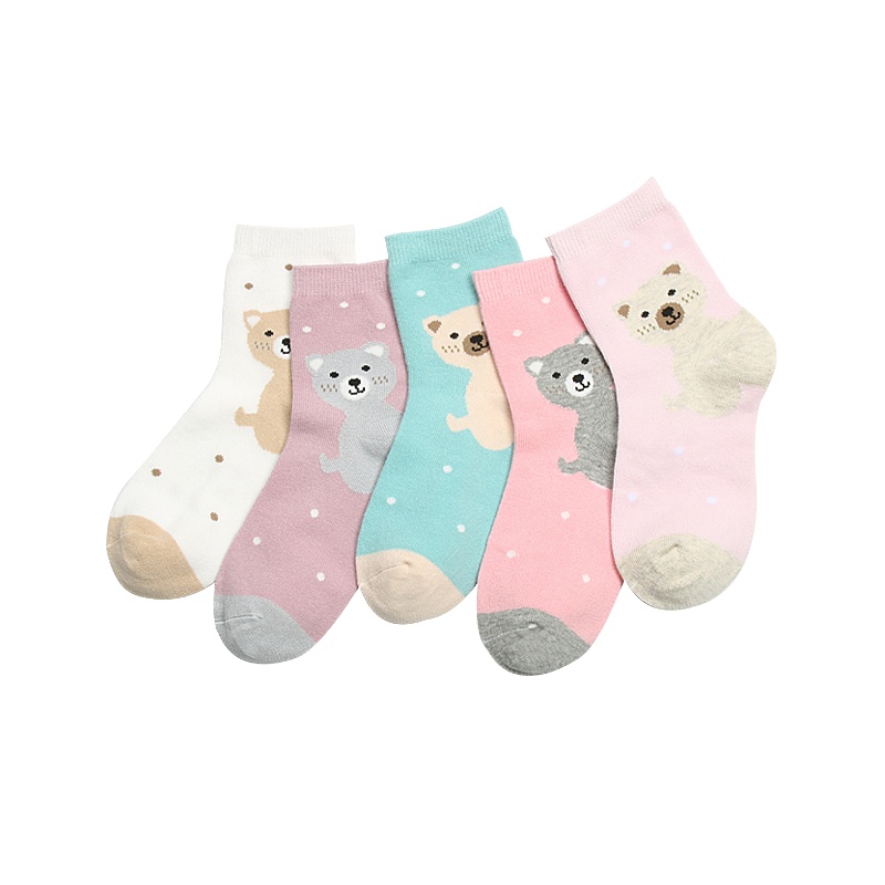 红豆儿童袜子秋季新款女童棉袜中大童袜子宝宝中筒袜童袜5双装