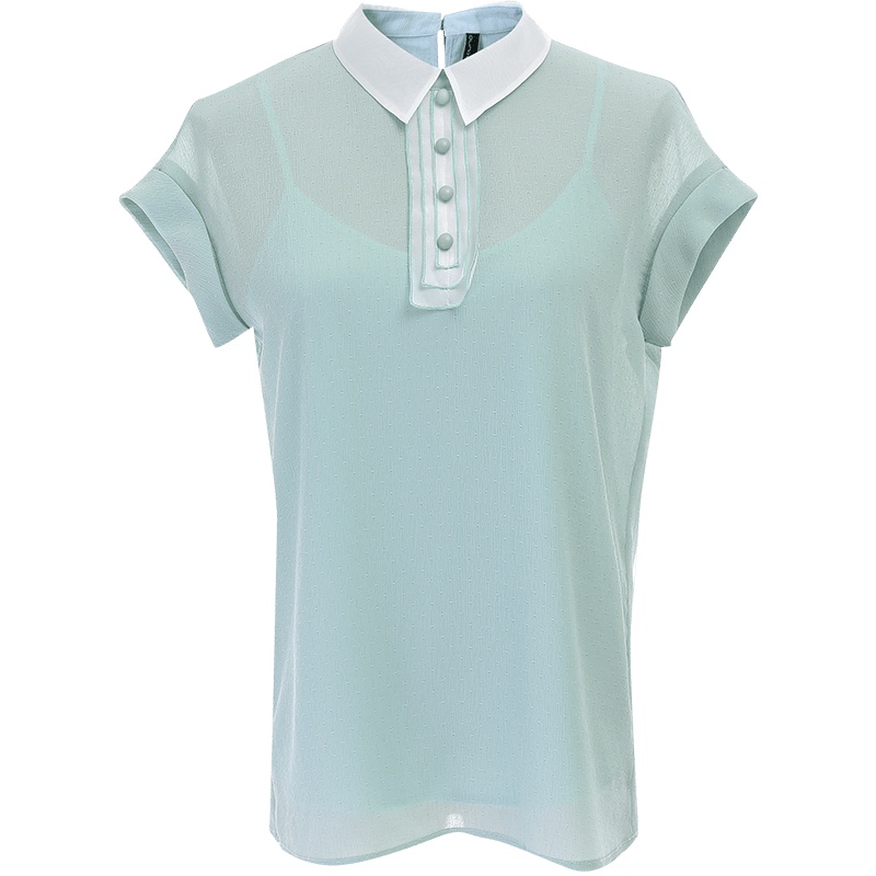 欧昵雪夏季通勤Polo领气质短袖雪纺衫女洋气小众显瘦上衣