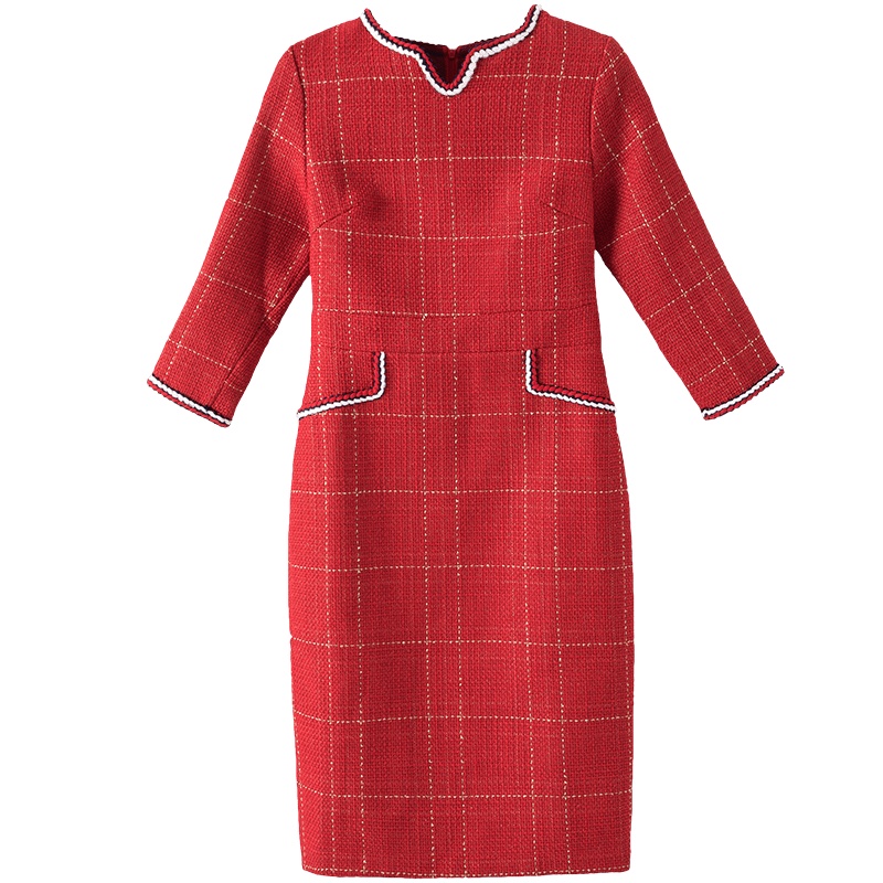 晚白2020秋冬新品名媛淑女修身显瘦小圆领包臀裙格子通勤连衣裙女