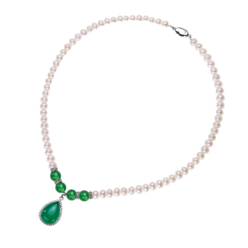 [梵心阁]s925银珍珠项链玉髓吊坠款白色淡水强光泽项链送妈妈款母亲节礼物