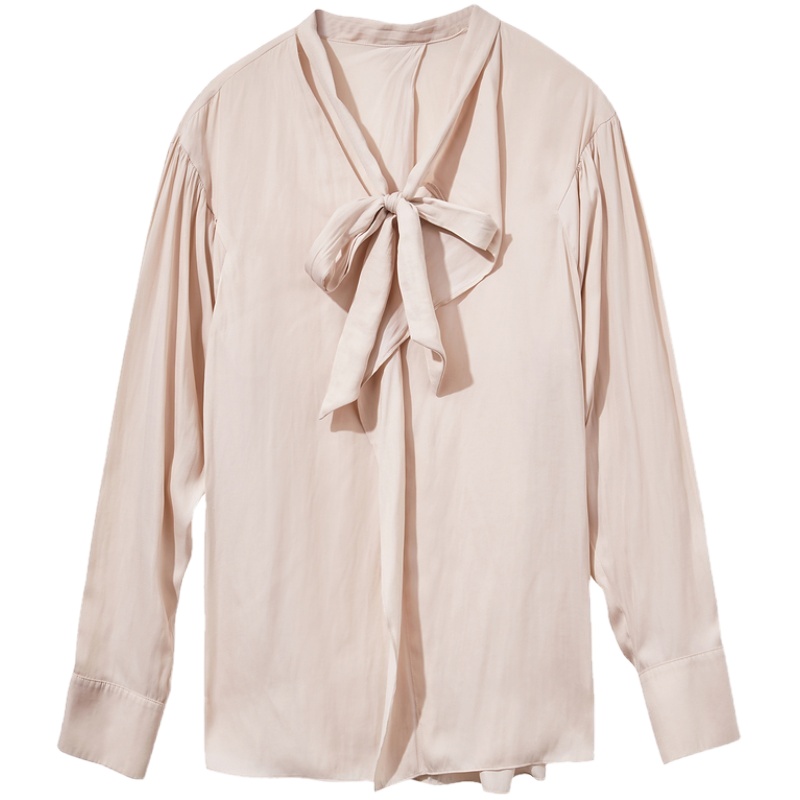 三彩2020秋季新款系带V领宽松长袖中长衬衫上衣女