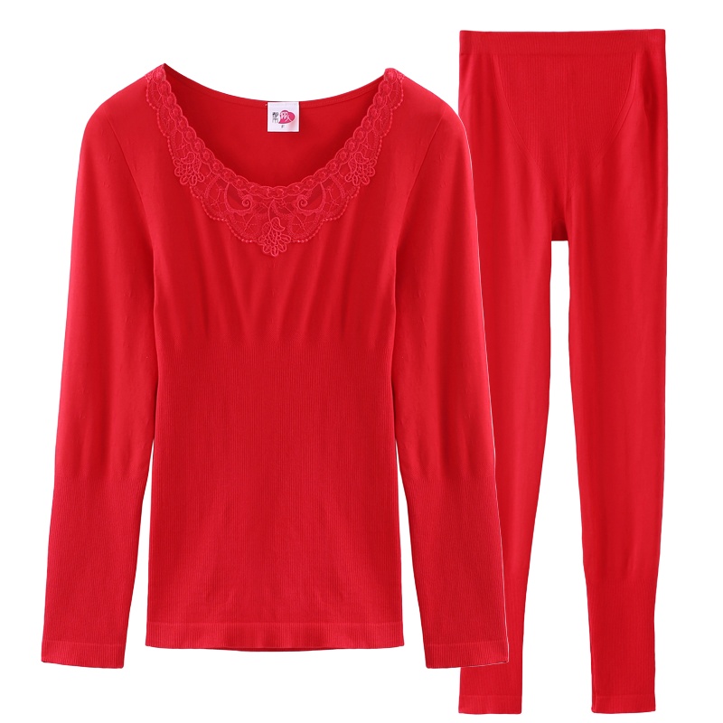 都市丽人保暖内衣女中厚秋冬蕾丝圆领套头秋衣秋裤塑身美体一体无缝拼接女士保暖衣套装LW8301