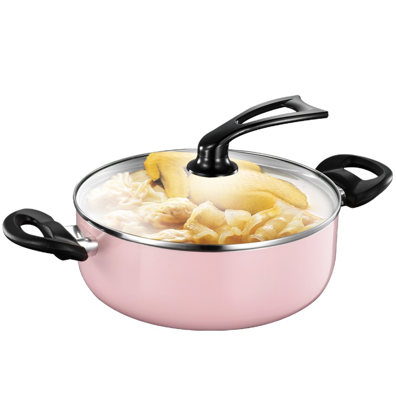 不粘锅双耳麦饭石汤锅加厚复底小汤锅家用炖锅煮锅电磁炉燃气锅具 国泰家和 粉色汤锅小号