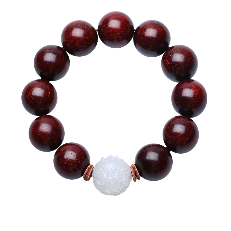 月印百川 小叶紫檀佛珠手串 男女款和田玉白玉龙珠手链 送玉石证书