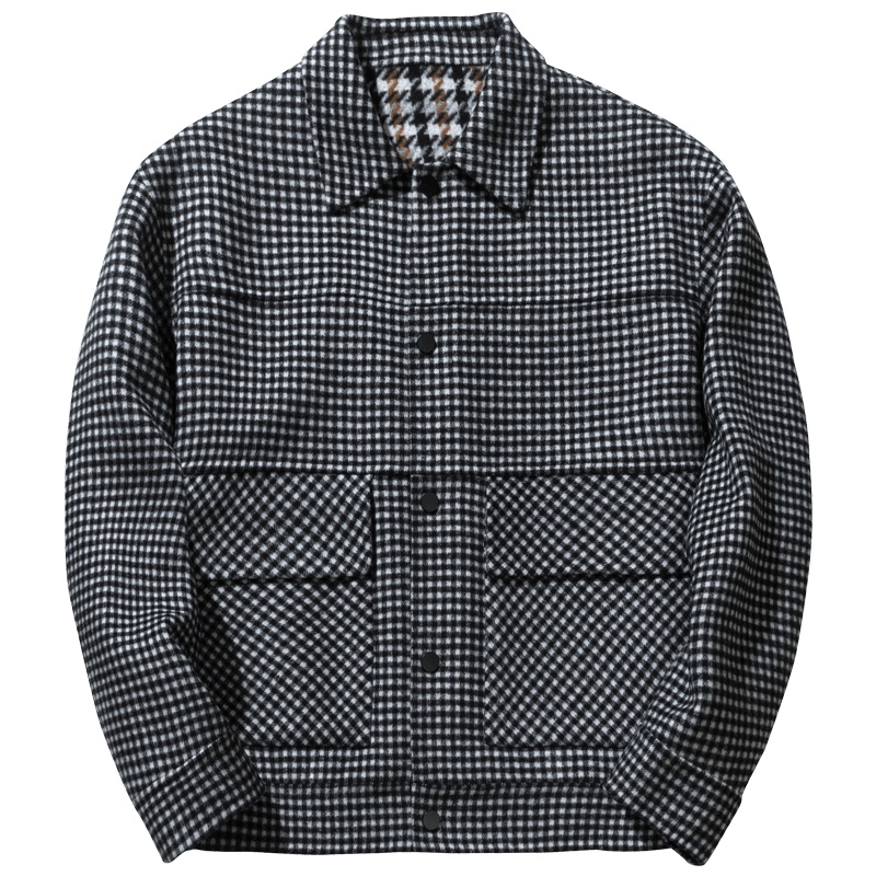 千纸鹤男装复古英伦风棋盘格双面羊毛短款夹克2019青年男士30273