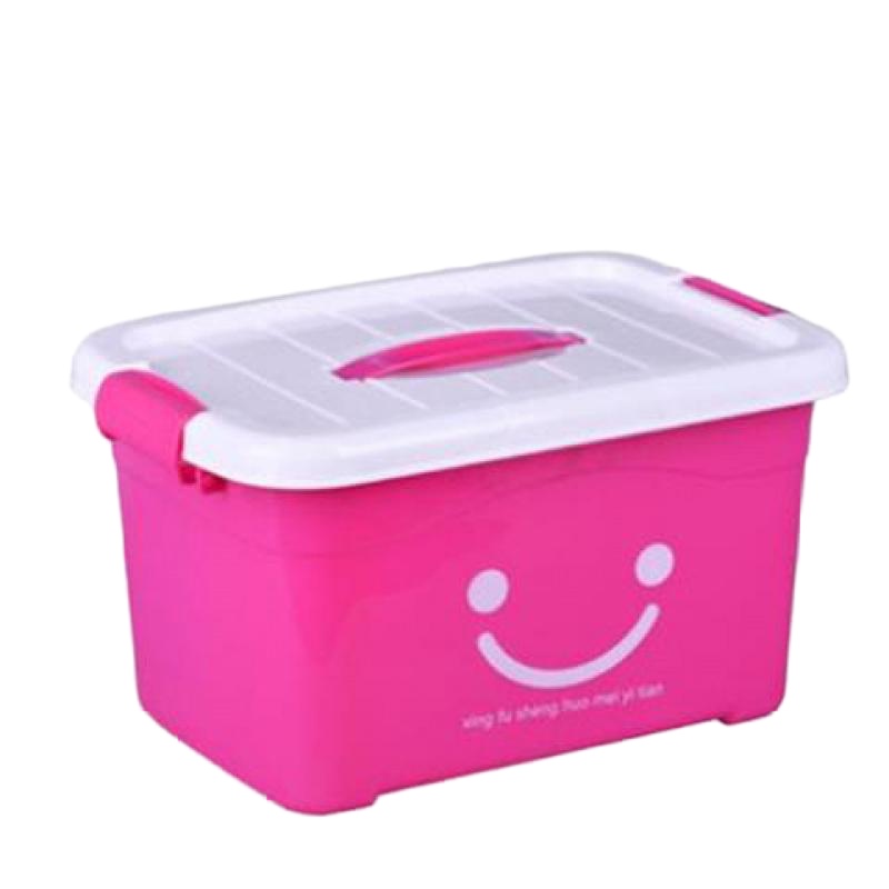 收纳箱塑料整理箱收纳箱特大号家用有盖衣服收纳盒储物箱子三件套 玫红笑脸 新款手提小号:28*21*17厘米